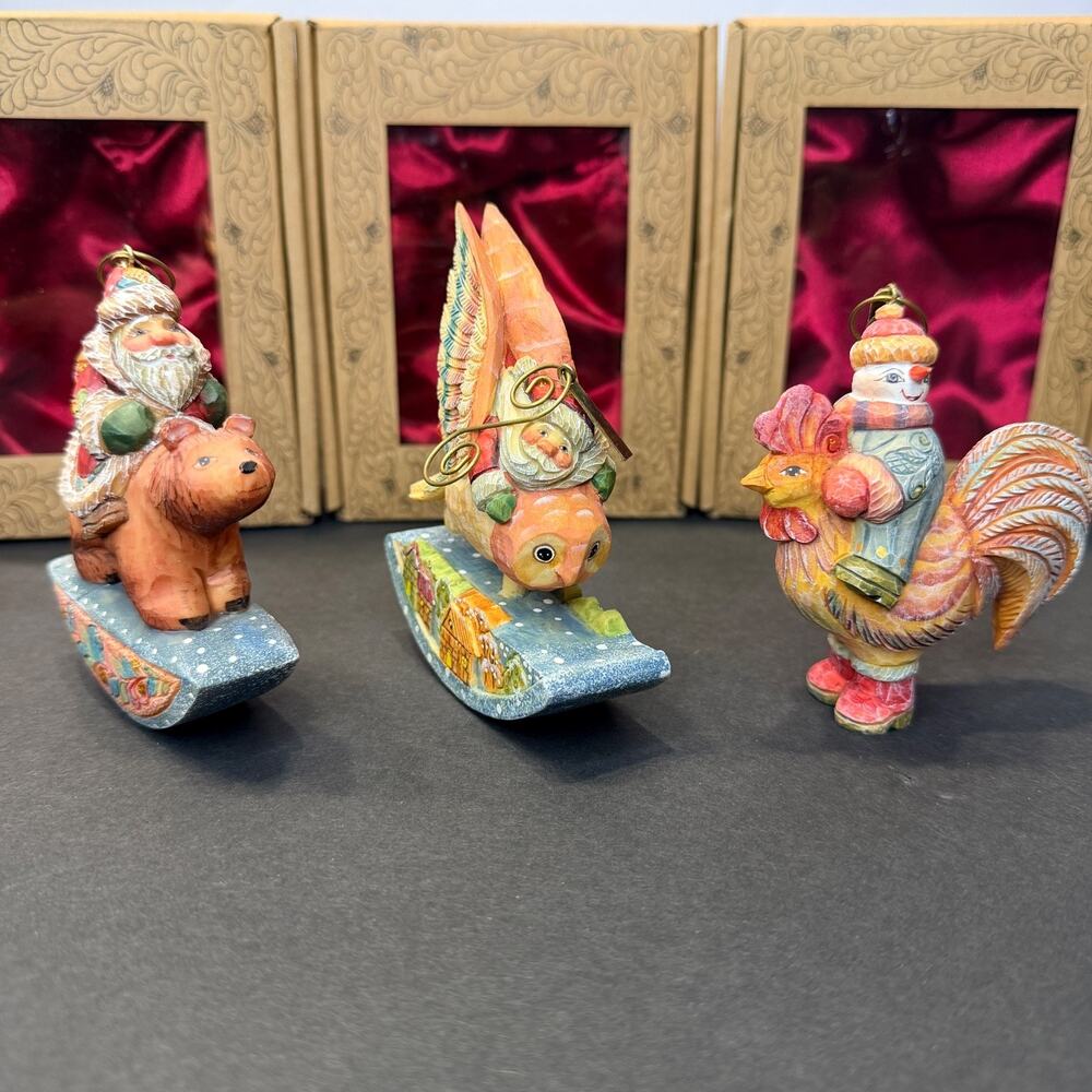 G. DeBrekht Christmas Ornaments Lot of 3 Boxed Santa Bear Snowman Folk Art